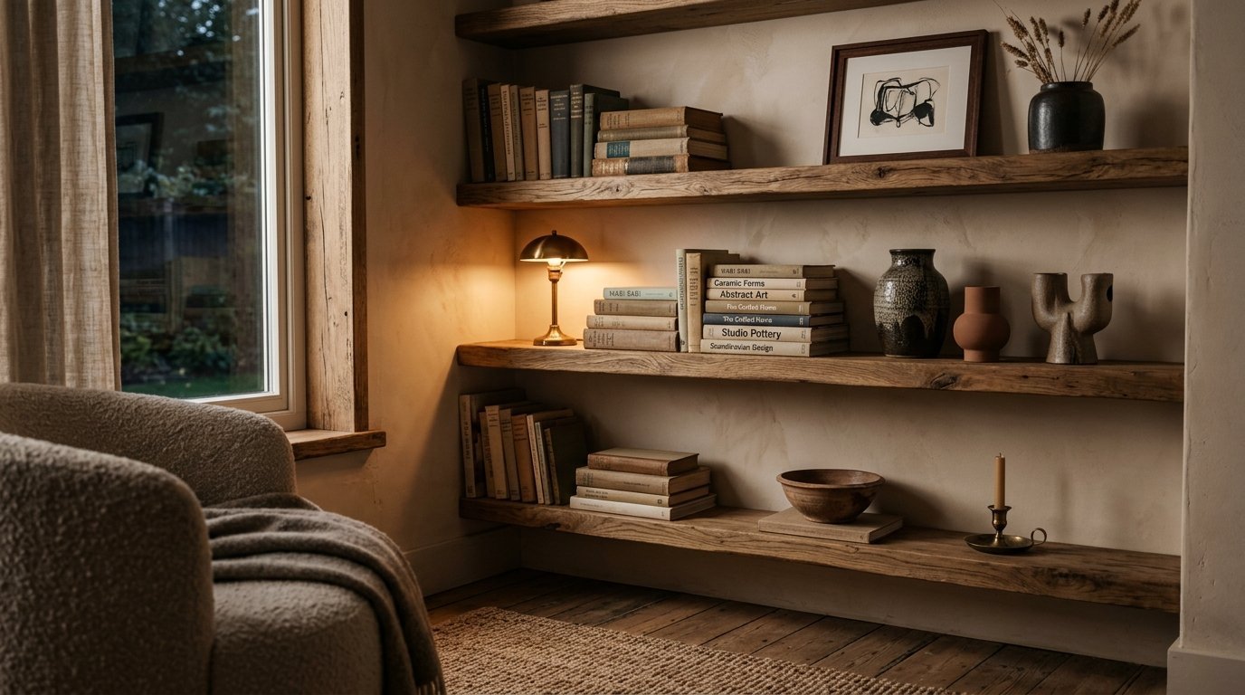 Floating timber shelves filled with books, pottery, and framed art beside an armchair.