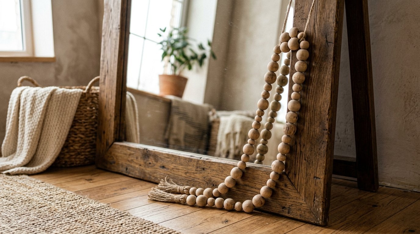 A full-length wooden mirror stands on a hardwood floor with rustic bead garland hanging from its frame.