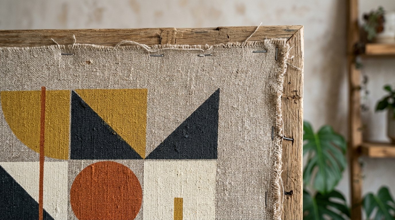 Close up of a rustic wooden frame holding a canvas with modern minimalist shapes in yellow, black, and burnt orange.