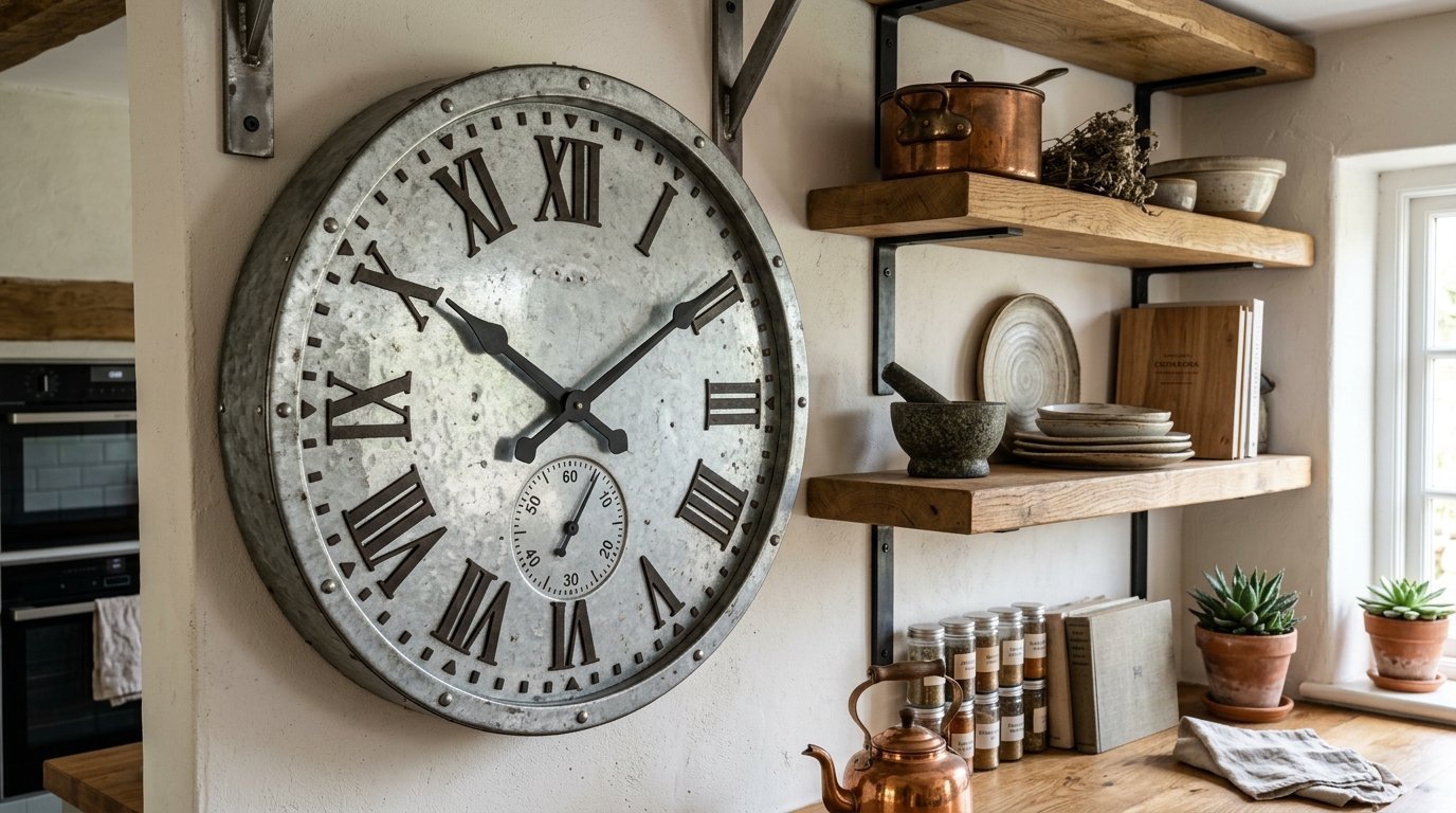 Large circular clock with Roman numerals mounted on a wall next to wooden shelves holding copper cookware and plants.