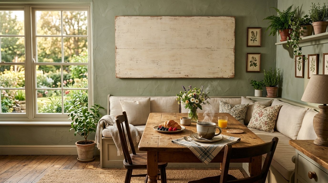 A sunlit kitchen nook featuring a wooden table with breakfast, bench seating, and soft green walls.