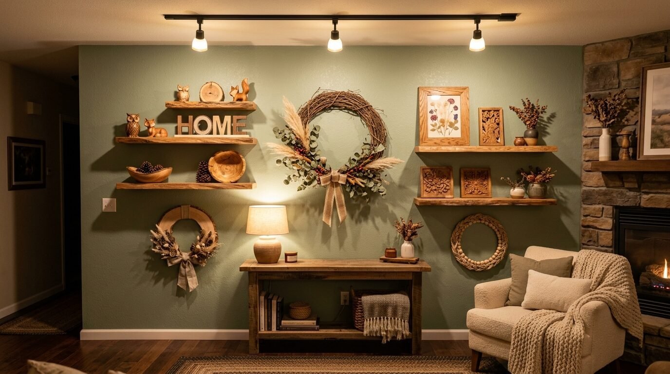 Sage green wall with floating wooden shelves, dried floral wreaths, a console table, and a cream armchair.