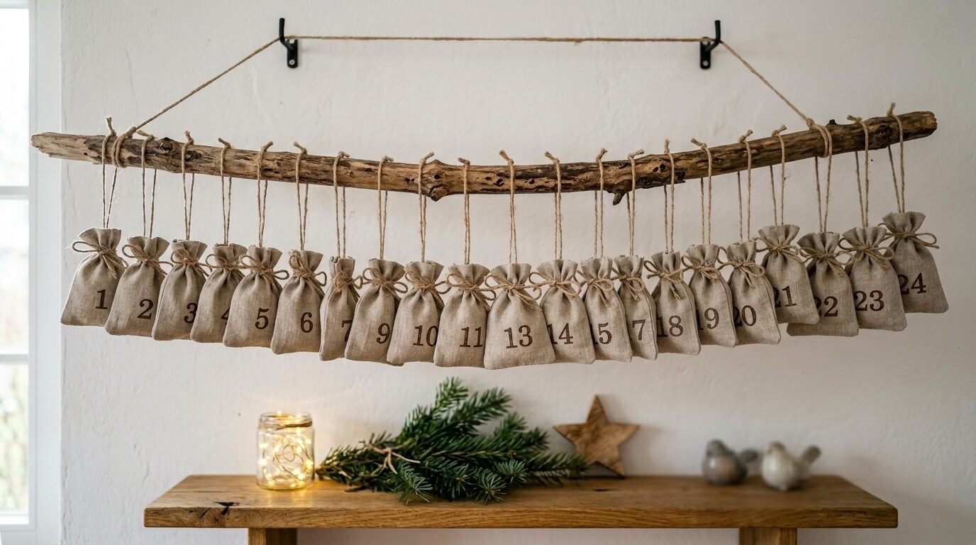 Twenty-four numbered burlap gift bags hanging on twine from a driftwood branch against a white wall.