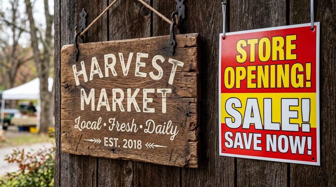 Wooden Harvest Market sign alongside a red and yellow Store Opening Sale advertisement hanging on a dark wood wall.