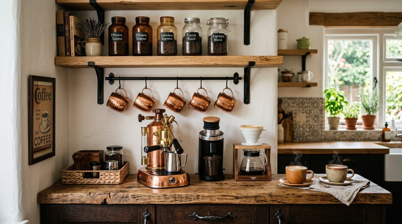 Copper espresso machine, pour-over setup, and coffee bean jars on a wooden kitchen counter.