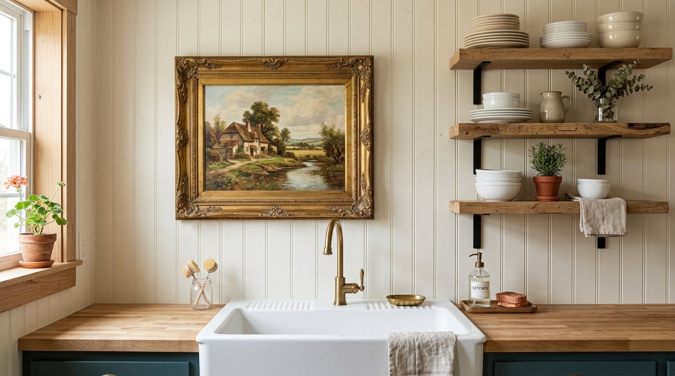 Farmhouse sink with brass faucet, wooden shelves, and a landscape painting in a gold frame on a paneled wall.