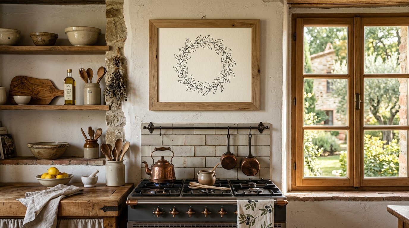 A rustic kitchen featuring a framed olive wreath drawing on the wall above a copper kettle and stove.