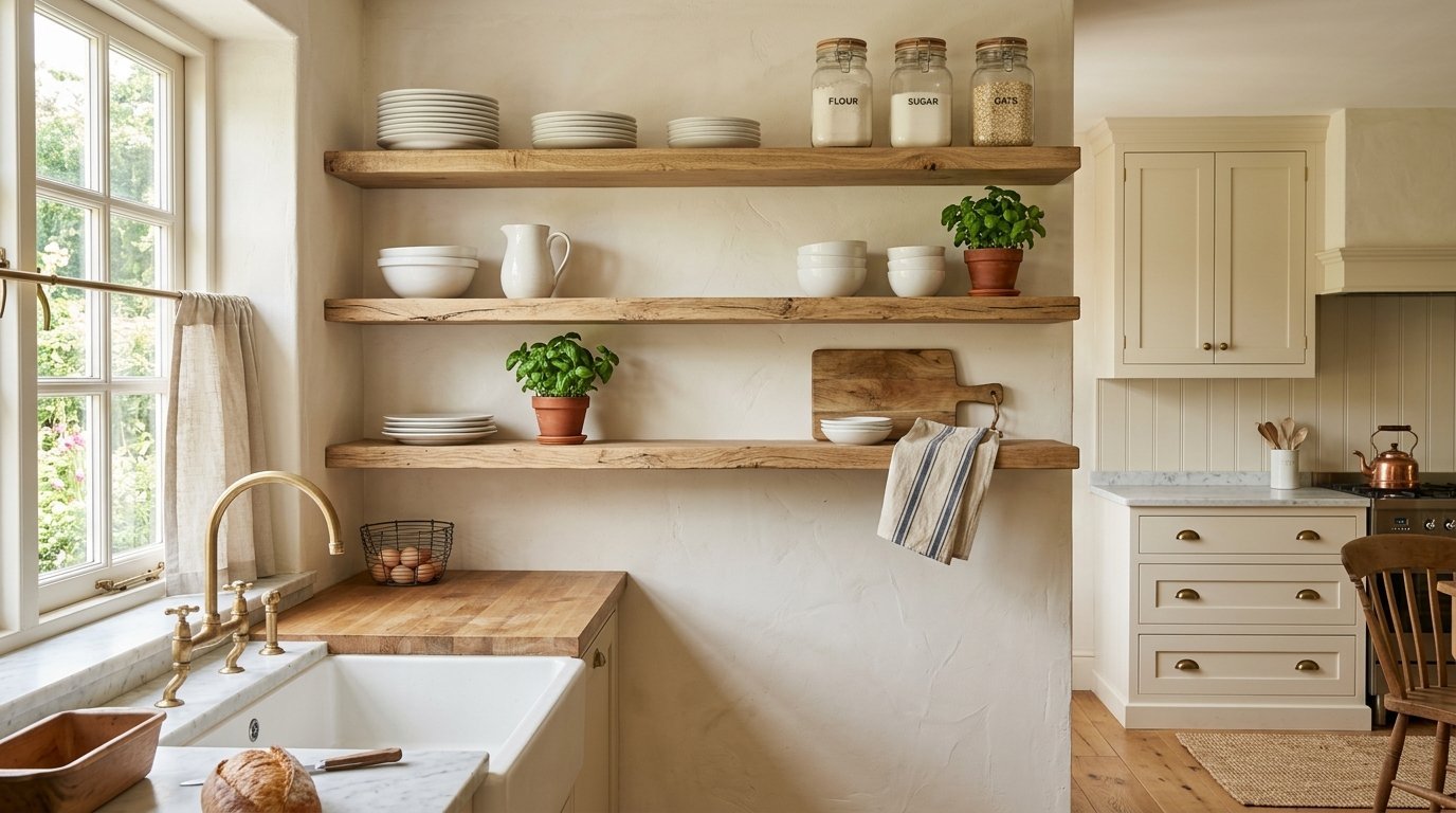 Farmhouse kitchen wall with three open wood shelves holding dishware, potted herbs, and glass canisters.