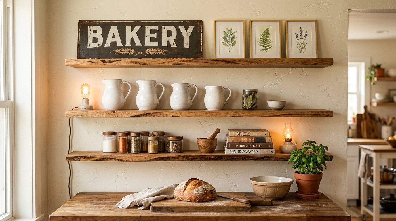 Wooden kitchen shelves holding ceramic pitchers, spice jars, botanical art, and cookbooks above a bread-filled counter.