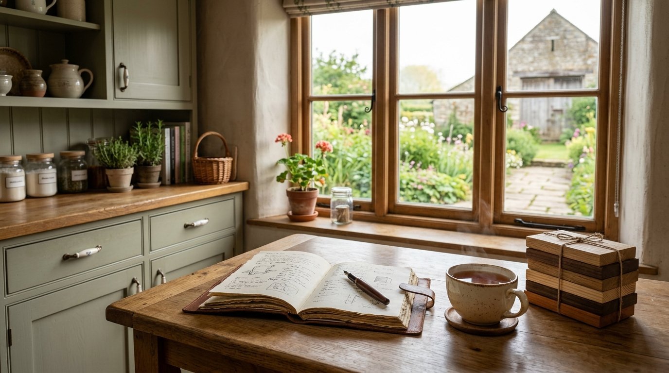 An open journal, a steaming cup of tea, and stacked wood blocks sit on a wooden table in a cottage kitchen.