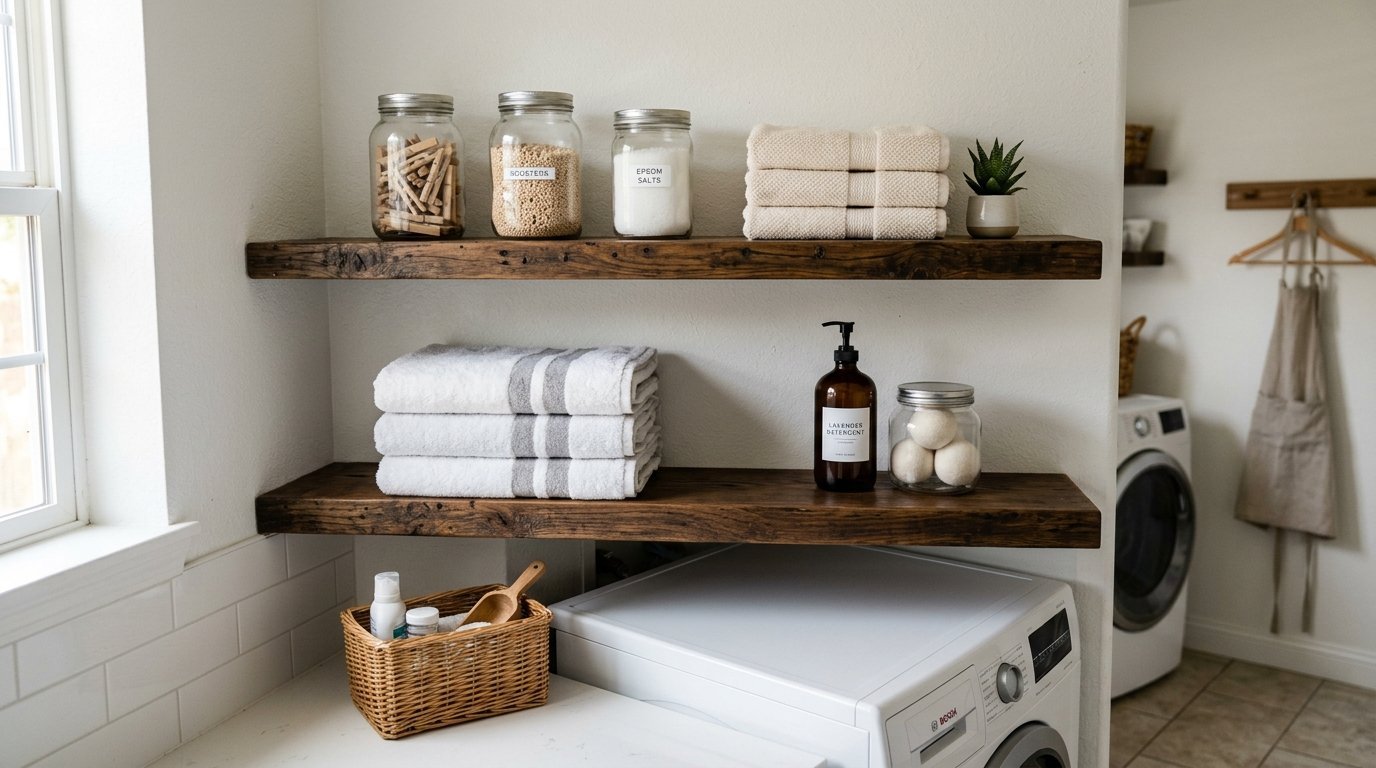 Rustic wood shelves in a laundry room holding labeled glass jars, stacked white towels, and a detergent bottle.