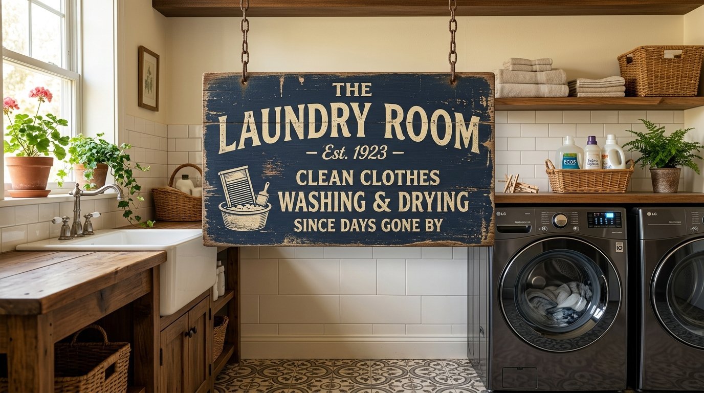 A distressed blue sign reads The Laundry Room Est 1923 hanging in a modern laundry room with farmhouse decor.