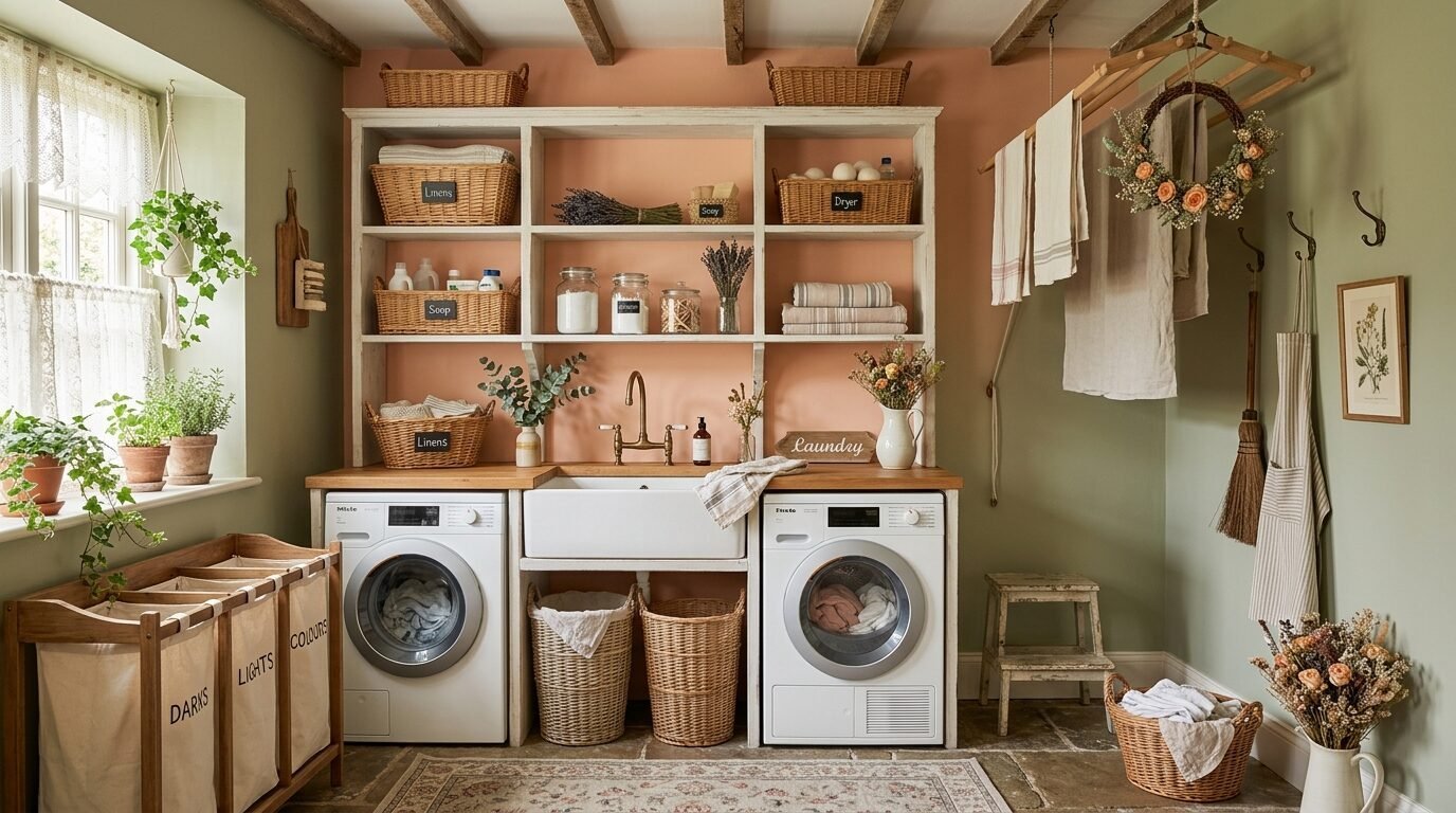 Farmhouse laundry room featuring two white appliances, a porcelain sink, and wicker storage baskets on peach walls.