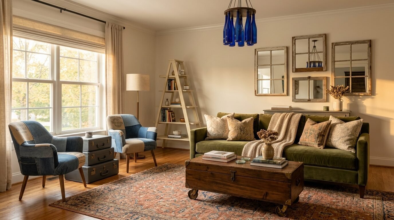 Cozy living room featuring a velvet green couch, patchwork chairs, and a wooden chest coffee table.