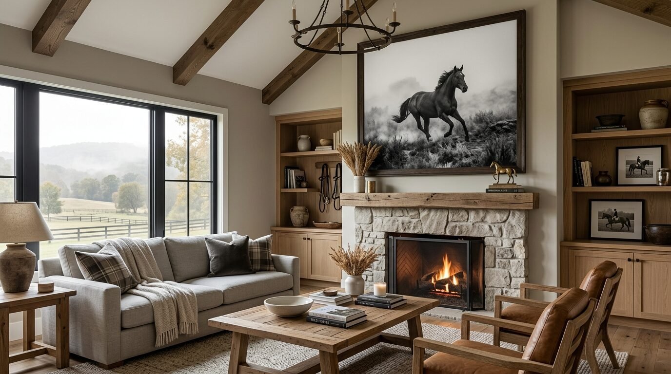 A rustic living room with a stone fireplace, grey sofa, leather chairs, and a large photograph of a running horse.