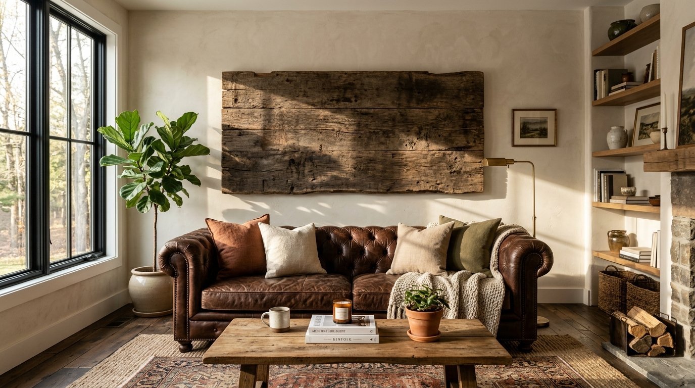 Brown tufted leather couch with colorful pillows in front of large rustic wood wall art.
