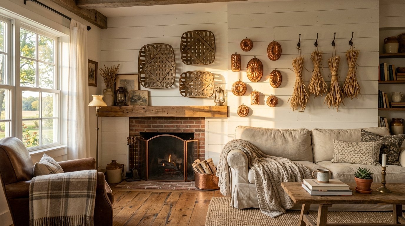 A rustic living room with a fireplace, wicker baskets on the wall, wheat bundles, and a comfortable beige sofa.