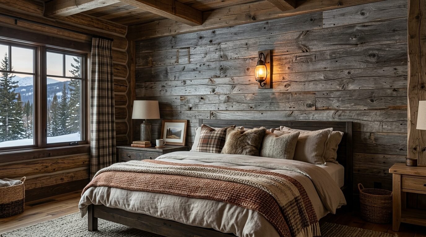 A warm cabin bedroom features a queen bed with plaid blankets facing a snowy forest view through a window.