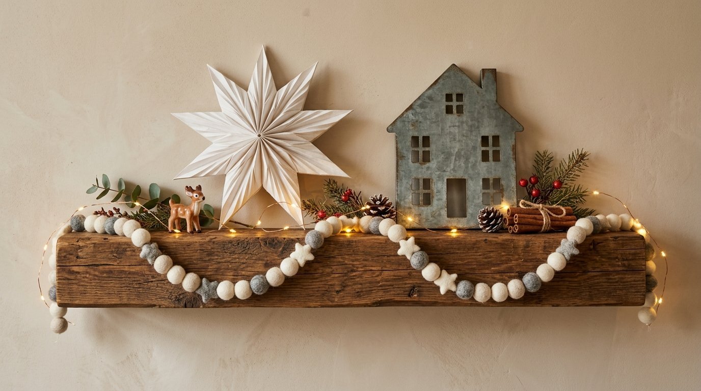 Rustic wooden shelf decorated with a star, metal house, felt ball garland, and small reindeer figure.