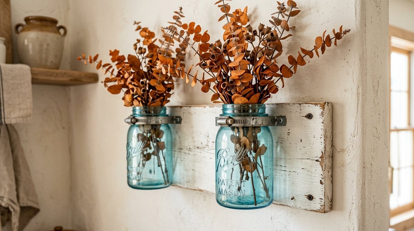Two antique blue glass mason jars filled with dried orange eucalyptus branches mounted on a piece of rustic white wood.