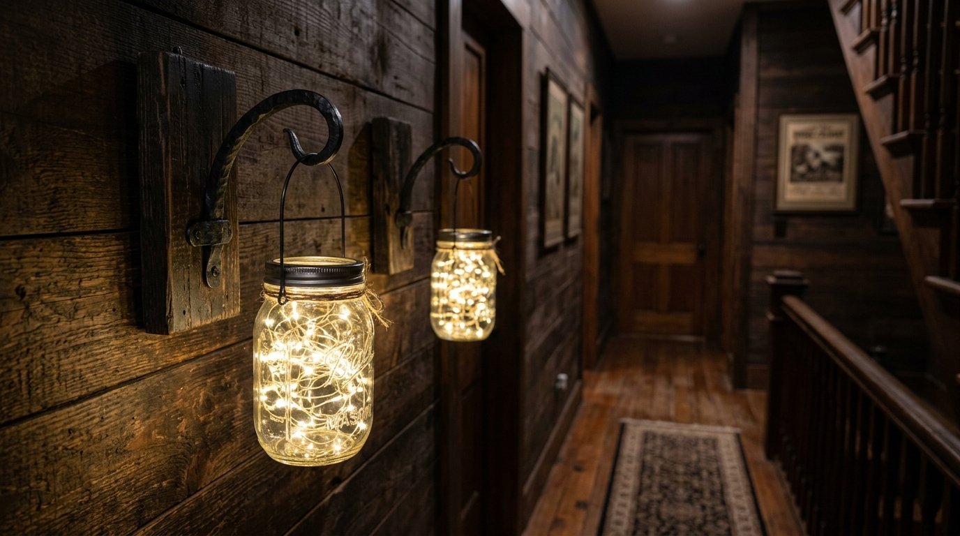 Two mason jars filled with string lights hanging from wrought iron hooks in a dimly lit rustic hallway.