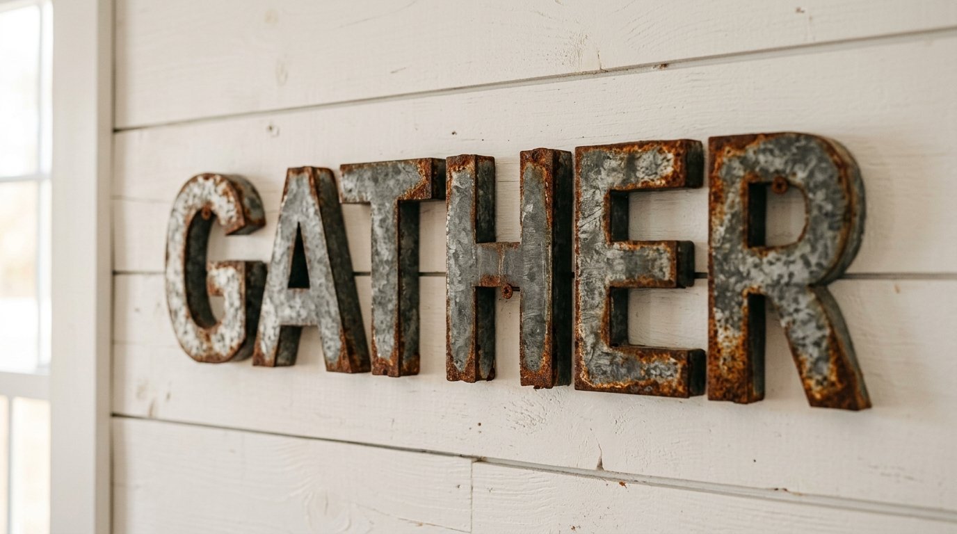 Dimensional metal letters spelling GATHER with a weathered, rusted patina mounted on white horizontal wooden planks.