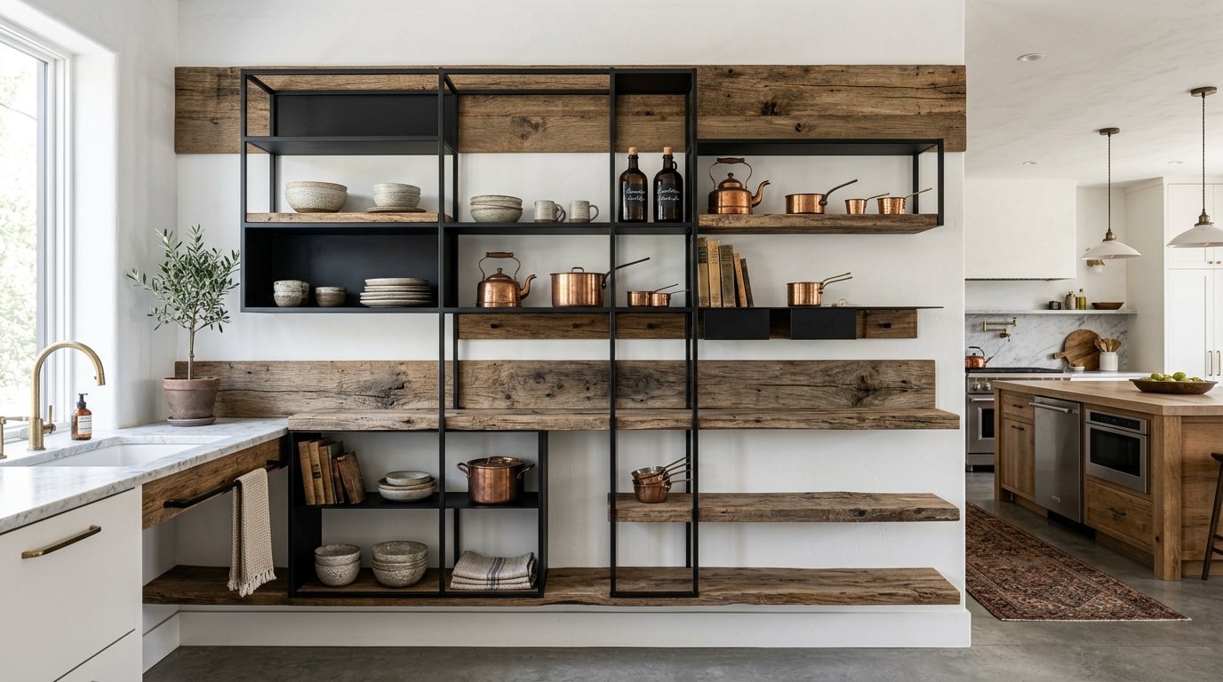 Open shelving unit made of black metal and wood with copper cookware and ceramic bowls in a modern kitchen.