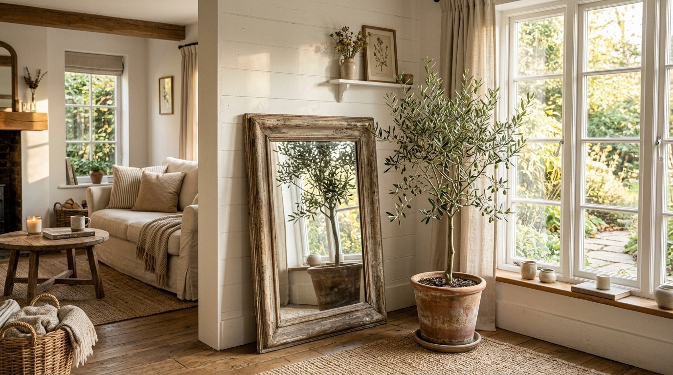 Large wooden floor mirror reflecting an indoor olive tree next to a bright window and white shiplap walls.