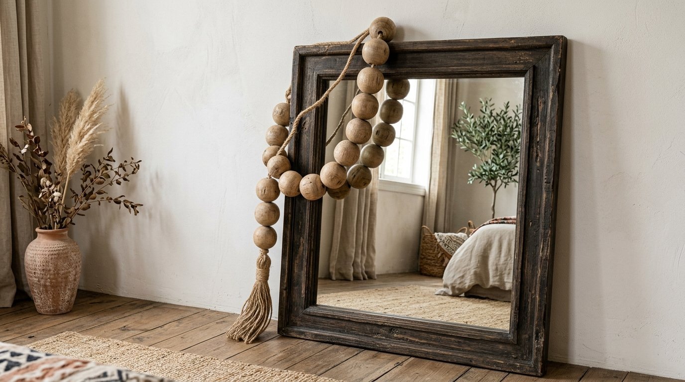 A dark wooden framed mirror decorated with large beaded wooden garland standing on a floor.