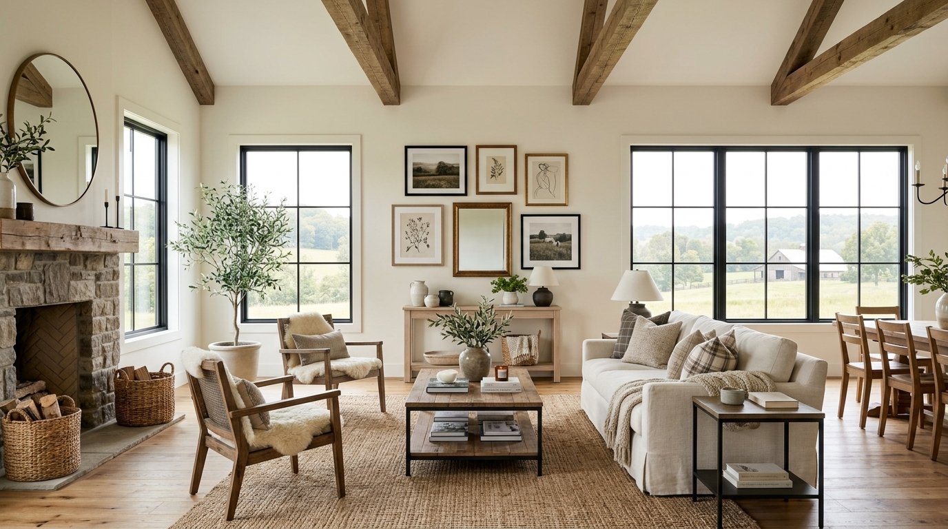 A sunlit living room with wood beams, a stone fireplace, cream sofa, and farmhouse decor overlooking a rural landscape.