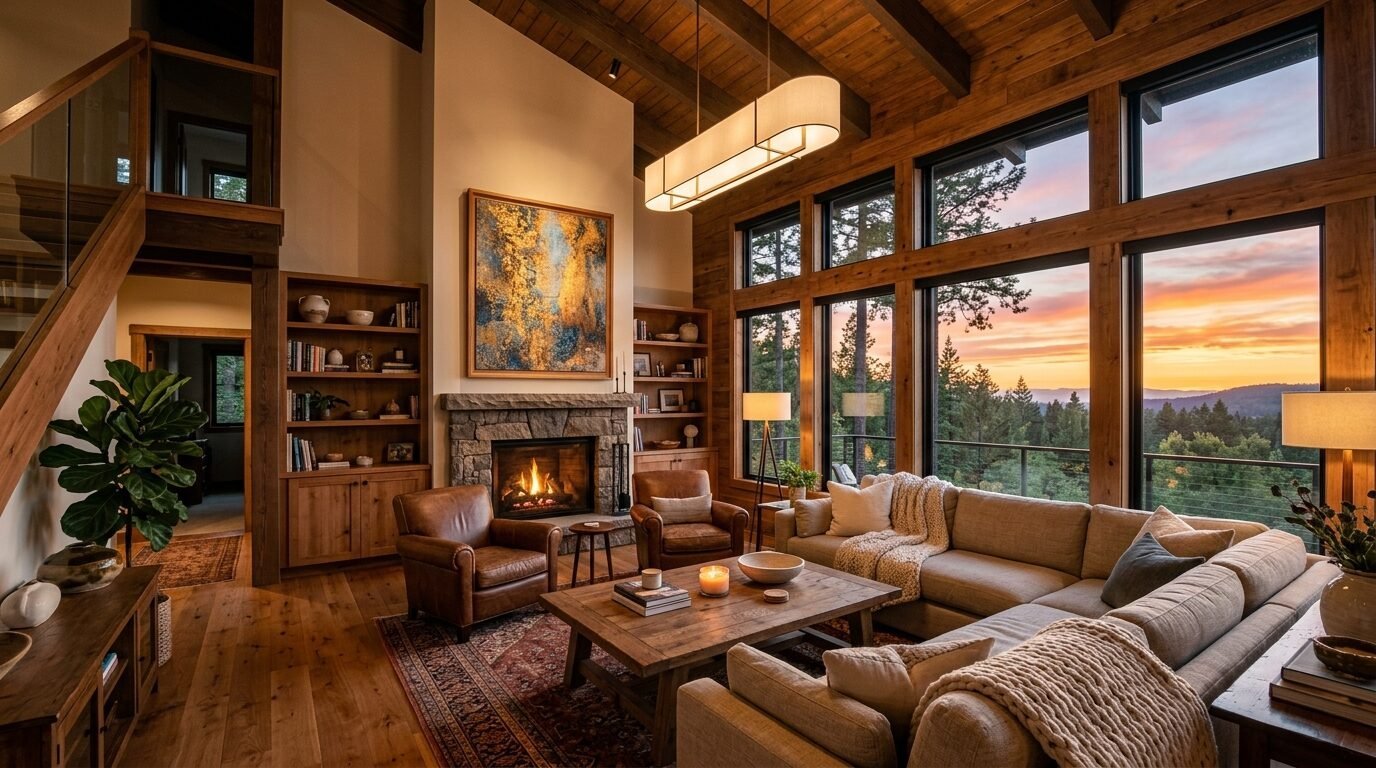 Rustic lodge interior with a beige sectional, leather chairs, and large windows overlooking a pine forest at sunset.