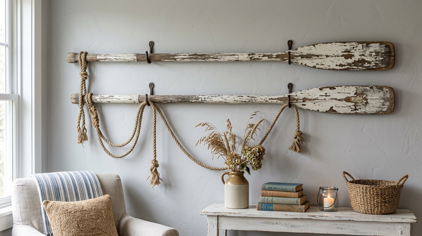 Two distressed antique wooden paddles mounted on a gray wall with decorative hanging rope and a floral vase.