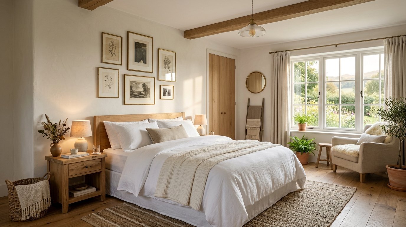 Bright, cozy bedroom featuring a white linen bed, wooden nightstands, gallery wall, and a view of a garden.