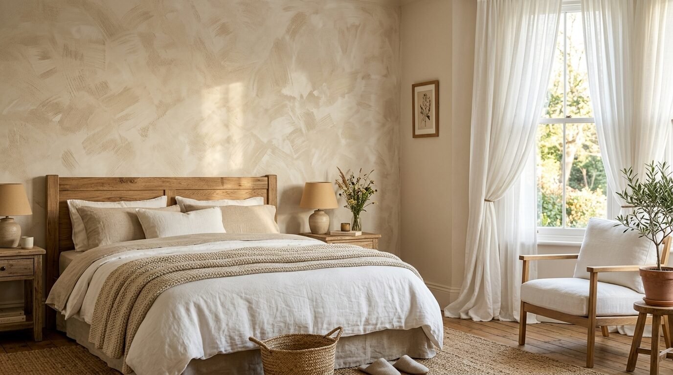 A sunlit bedroom features a bed with linen bedding, a wooden frame, and a white armchair by the window.