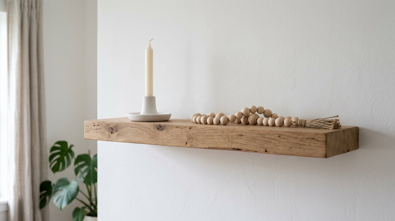 A live-edge wooden shelf displays a white candle holder and a decorative string of wooden beads against a white wall.