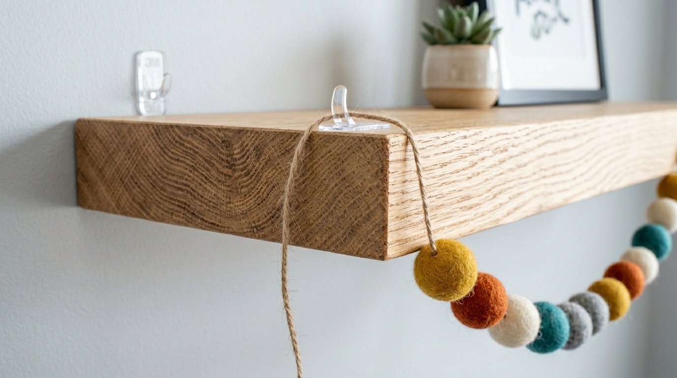 A thick wooden floating shelf with a string of multi-colored felt balls hanging from a clear adhesive hook.