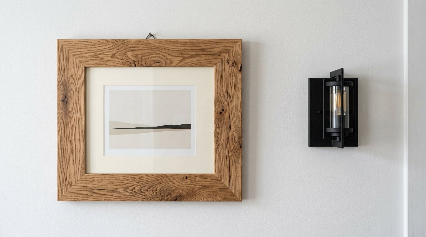A framed abstract landscape print hanging beside a modern black wall-mounted lantern light fixture.