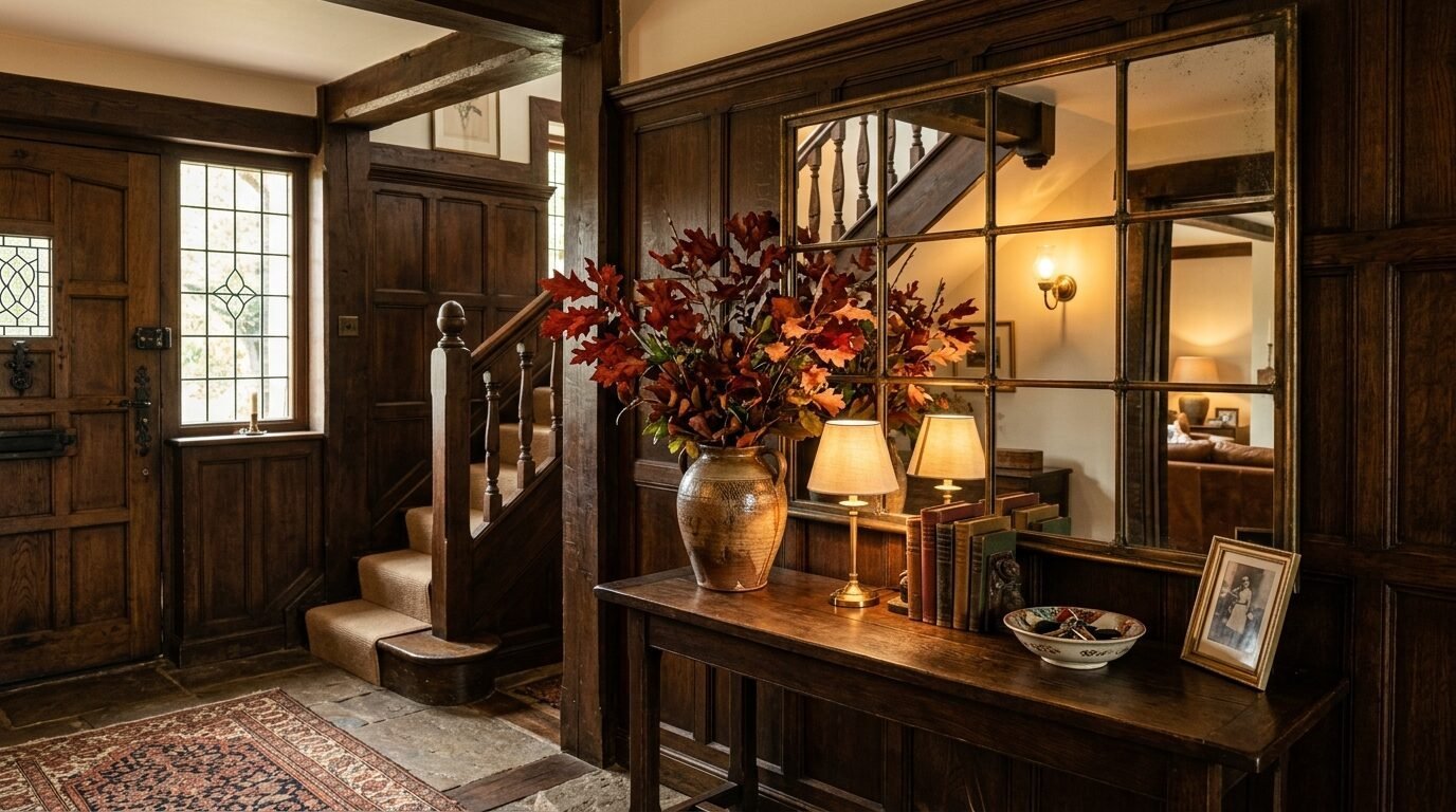 Traditional wooden hallway with paneled walls, a large grid mirror, and a console table holding autumn leaves.