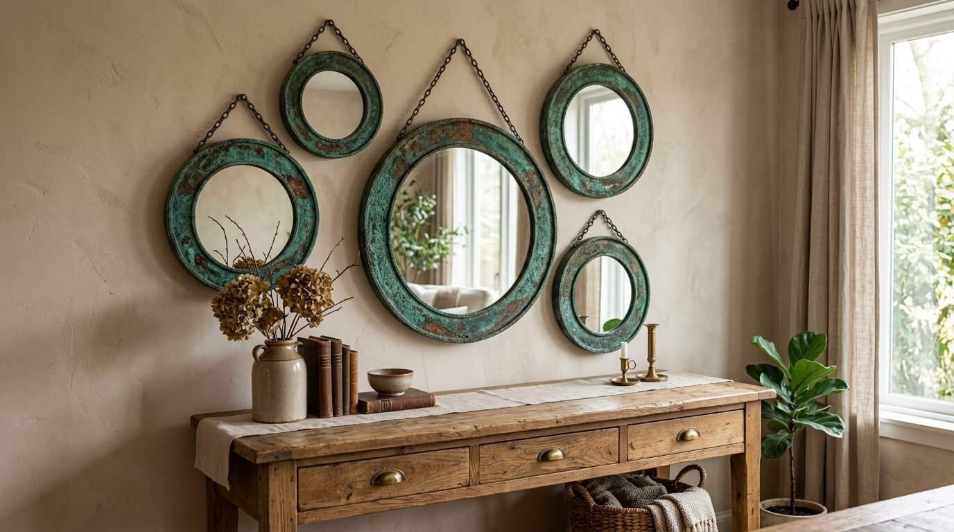 A rustic wood console table sits below five circular mirrors featuring weathered green and copper metal frames.