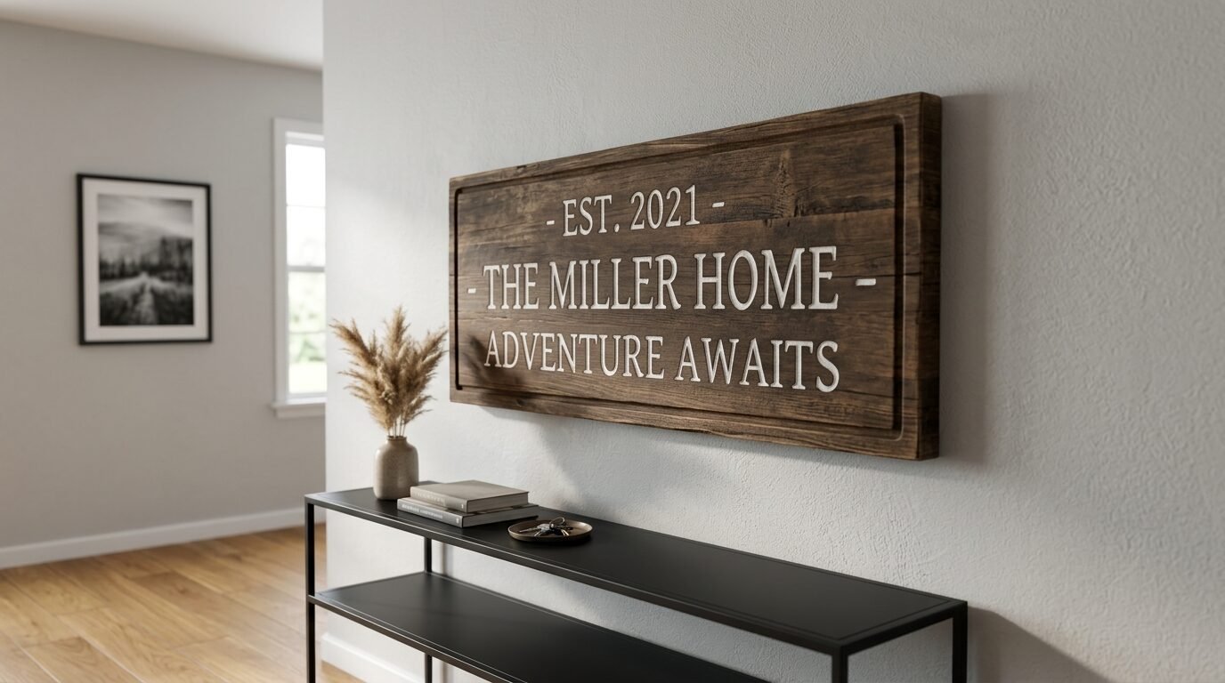 A wooden sign personalized with family name and established year mounted on a white wall above a metal table.