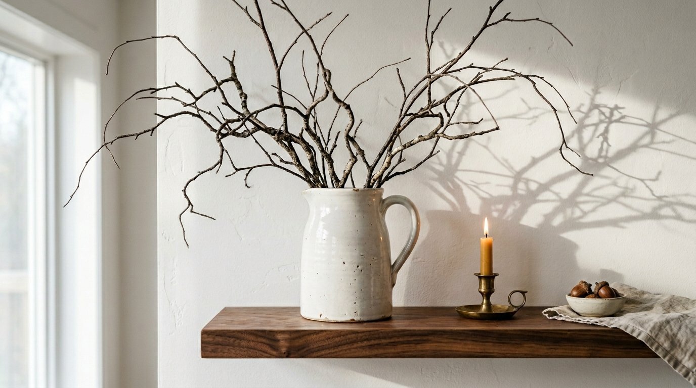 A rustic cream pitcher holding bare twigs next to a lit taper candle and acorns on a wooden floating shelf.