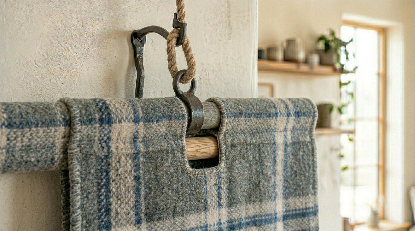 A rustic plaid wool blanket hanging from a heavy wrought iron bracket on a textured off-white wall.