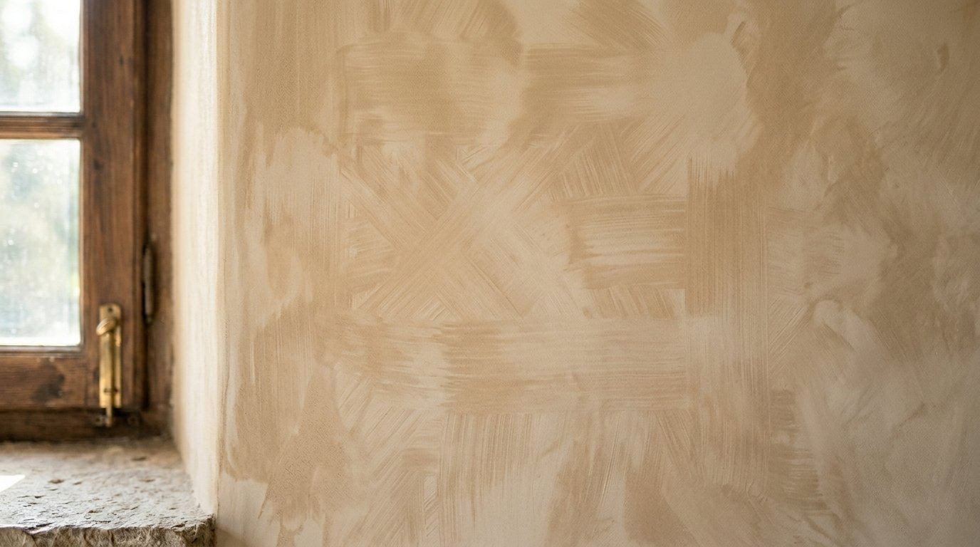 Close up of a beige textured plastered wall with visible brush strokes next to a weathered timber window.