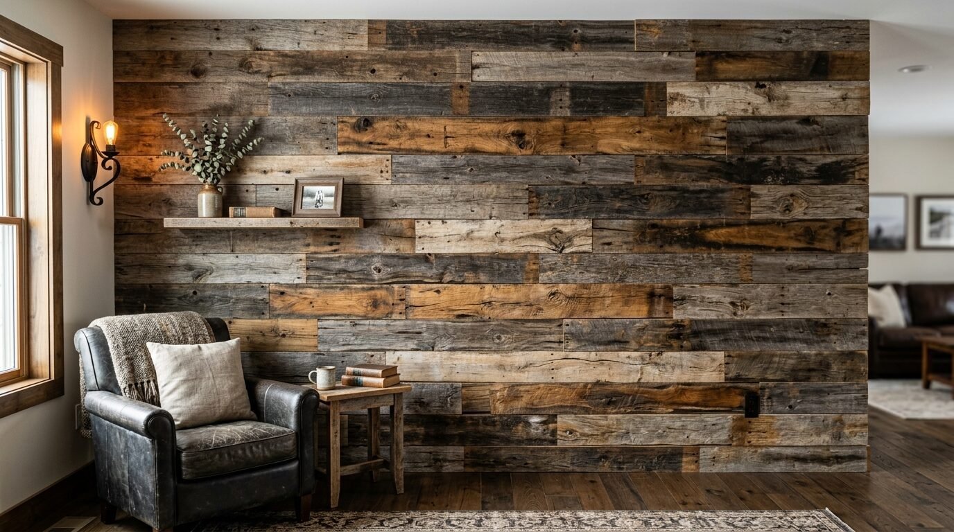 A leather armchair sits next to a textured wall covered in horizontal weathered wood planks.