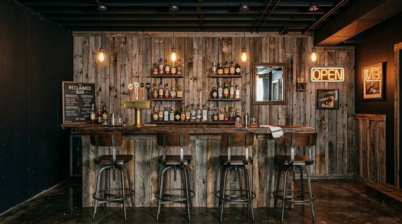 A rustic bar with reclaimed wood walls, industrial metal stools, a brass beer tap, and glowing neon open signs.