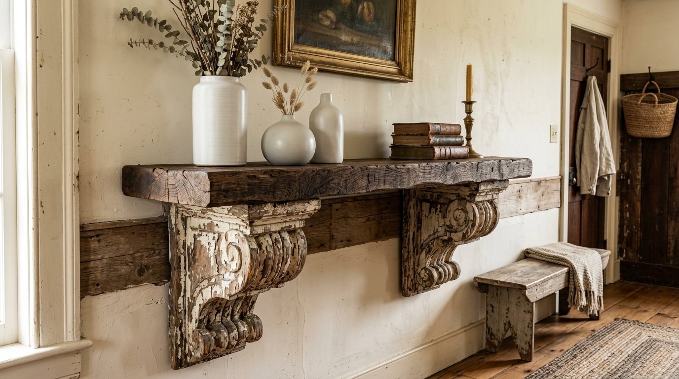 Reclaimed wood entryway shelf supported by ornate, weathered white corbels with vases and books on top.