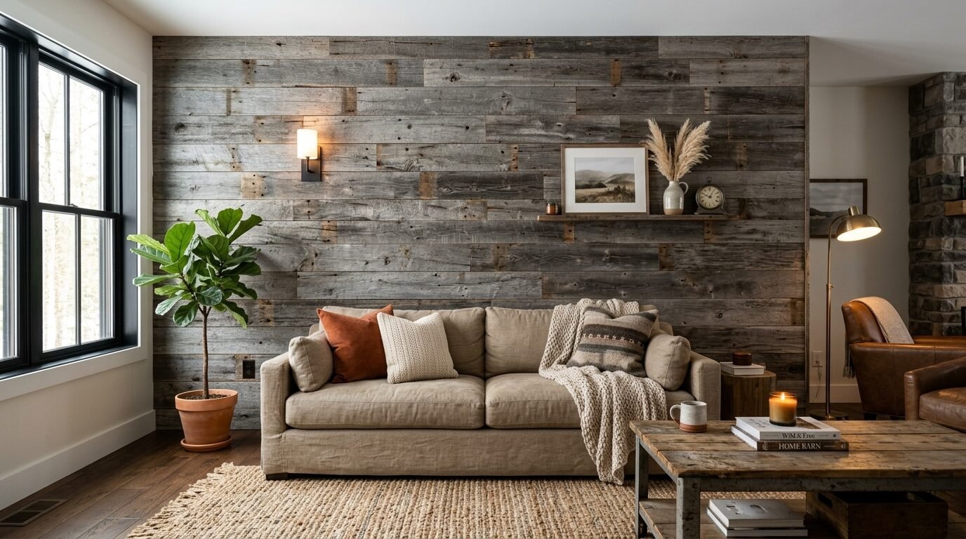 Modern living room with a grey reclaimed wood accent wall, neutral linen sofa, and houseplant.