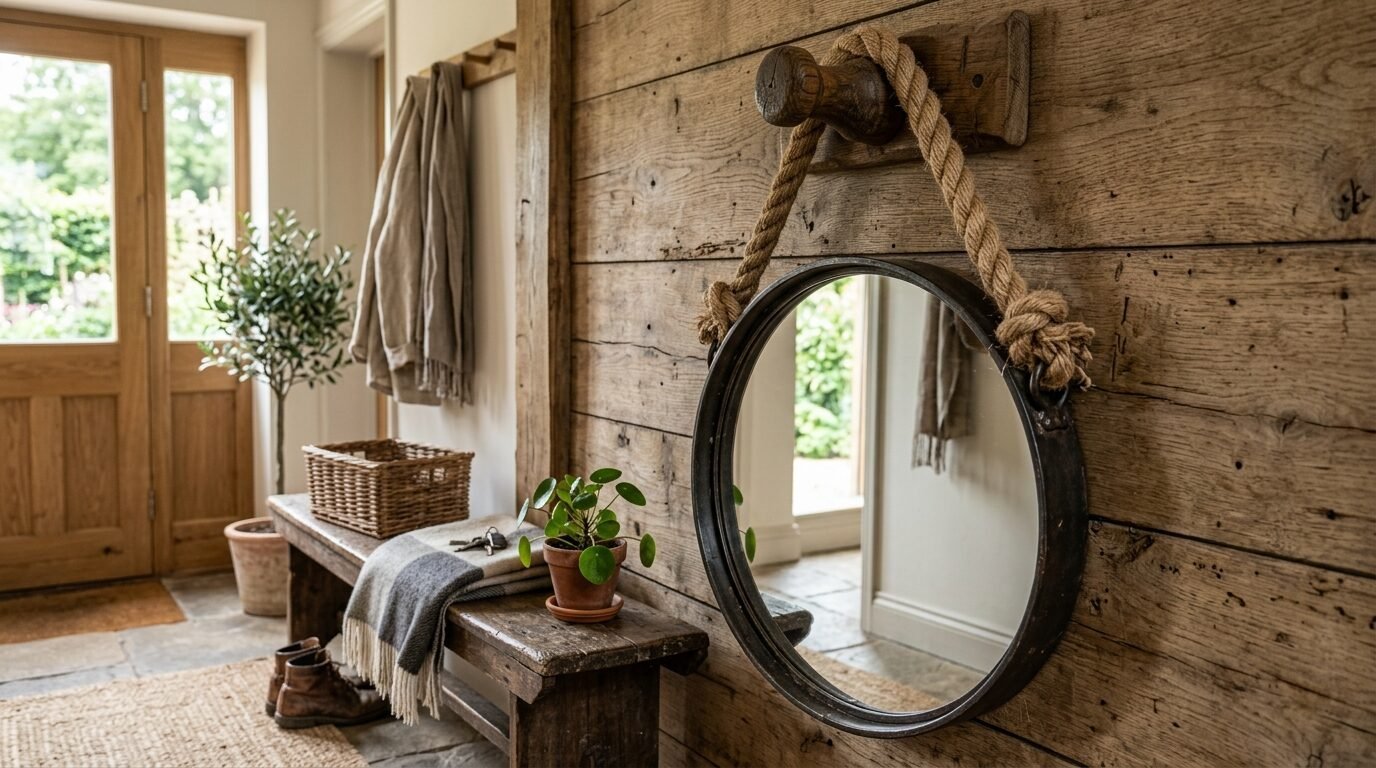 Round mirror with a thick rope hanger mounted on reclaimed wood wall in a cozy hallway.