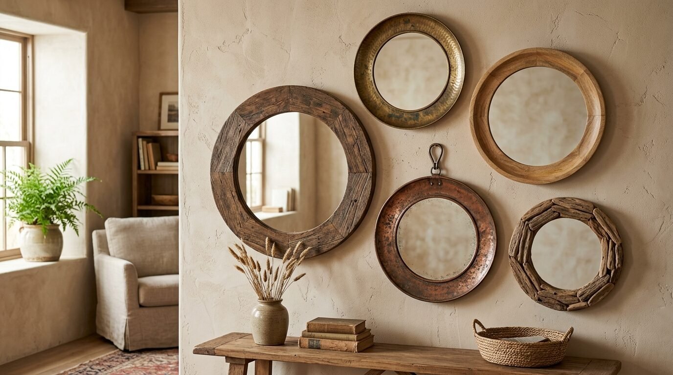 Five various wooden and metal circular mirrors hung as a decorative art display above a console table.