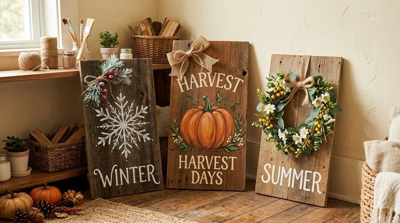 Three rustic wooden boards painted with winter, harvest, and summer themes leaning against a wall.